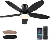 48 Inch Ceiling Fan with Light, Black Flush Mount Ceiling Fan with Remote and APP Control, Dimmable and 6 Wind Speed, Modern Low Profile Fan Light for Bedroom, Covered Outdoor
