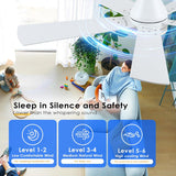 52in Ceiling Fans with Lights - White Flush Mount Ceiling Fan Light with Remote, 6 Wind Speeds and Reversible, Modern Low Profile Fan Light for Indoor/Covered Outdoor