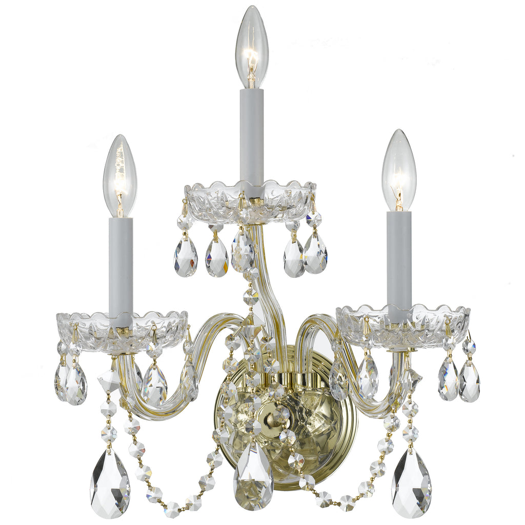 3 Light Polished Brass Crystal Sconce Draped In Clear Swarovski Strass Crystal - C193-1033-PB-CL-S