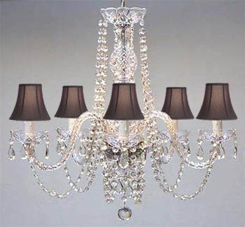 Swarovski Crystal Trimmed Chandelier Authentic All Crystal Chandelier And Black Shades H25" W24" - A46-Blackshades/384/5Sw