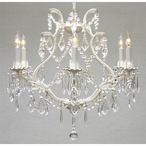 White Wrought Iron Crystal Chandelier Lighting H 19" W 20" Swag Plug In-Chandelier W/ 14' Feet Of Hanging Chain And Wire - A83-B17/White/3530/6