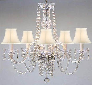 Swarovski Crystal Trimmed Chandelier Authentic All Crystal Chandelier And White Shades H25" W24" - A46-Whiteshades/384/5Sw