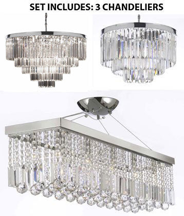 Set Of 3- 1 Palladium Empress Crystal (Tm) Glass Fringe 3-Tier Chandelier & 1 Retro Palladium Crystal Glass Fringe Chandelier H25" W33.5" & 1 Contemporary Crystal Rectangular Chrome Finish H 21.5" W 19.75" - 1Ea 2164/9 + 1Ea 2164/18 + 1Ea 1120/10