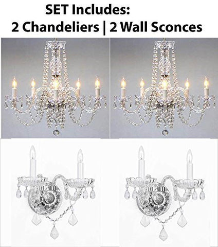 Four Piece Lighting Set - New Swarovski Crystal Trimmed Authentic All Crystal Murano Venetian Style Crystal 2 Chandeliers And 2 Wall Sconces - 2Ea 384/5Sw + 2Ea 2/386Sw