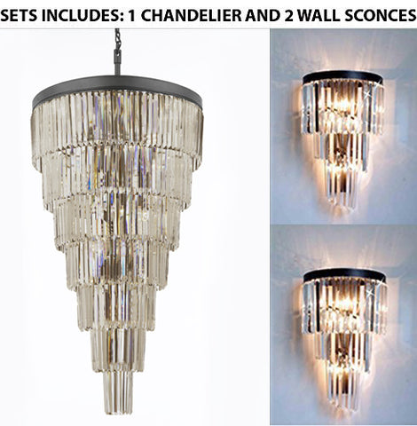 Set Of 3 - 1 Retro Palladium Empress Crystal (Tm) Glass Fringe 7 Tier Chandelier Lighting And 2 Retro Palladium Crystal Glass Fringe Helix 3 Tier Spiral Wall Sconces - 1 Ea 1100/28 + 2 Ea 1100/4