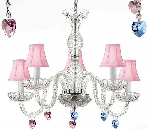 Murano Venetian Style Chandelier Lighting With Blue And Pink Crystal Hearts And Pink Shades H 25" W 24" - Perfect For Kid'S And Girls Bedrooms - G46-Pinkshades/B85/B21/B11/384/5