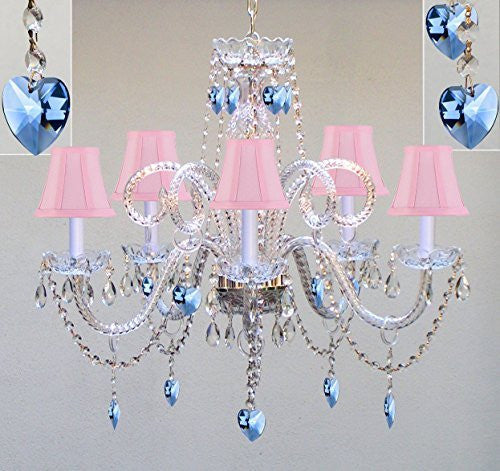 Chandelier Lighting W/ Crystal Pink Shades & Hearts H25" X W24" - Perfect For Kid'S And Girls Bedroom - Go-A46-Pinkshades/B85/387/5/Pinkhearts