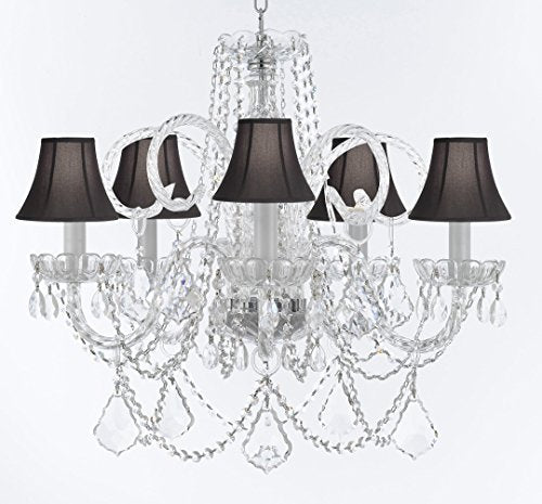 Swarovski Crystal Trimmed Murano Venetian Style Chandelier Crystal Lights Fixture Pendant Ceiling Lamp for Dining Room, Bedroom, Entryway - W/Large, Luxe Crystals! H25" X W24" w/ Black Shades - A46-CS/BLACKSHADES/B94/B89/385/5SW