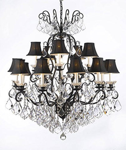 Swarovski Crystal Trimmed Chandelier Wrought Iron Crystal Chandelier Lighting With Black Shades W38" H44" - F83-Blackshades/556/16 Sw