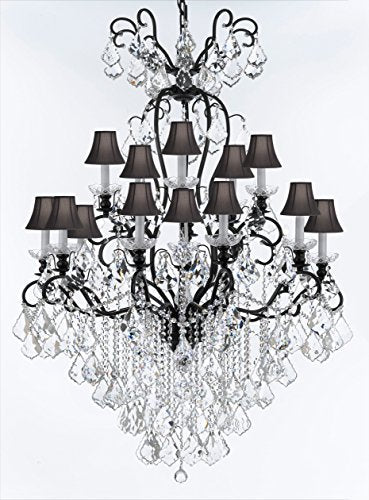 Swarovski Crystal Trimmed Wrought Iron Crystal Chandelier Lighting W38" H60" - Good for Entryway, Foyer, Living Room, Ballrooms, Catering Halls, Event Halls! w/ Black Shades - F83-BLACKSHADES/B12/556/16SW