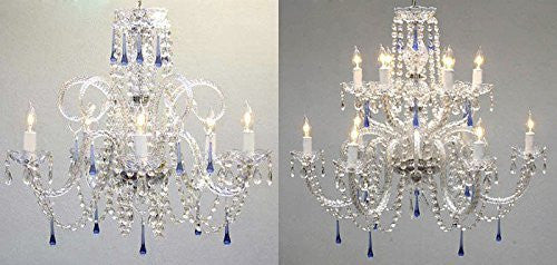 Set Of 2 - Authentic All Crystal Chandelier Chandeliers With Blue Crystals - 1Ea 387/5Blue + 1Ea 387/6+6/Blue