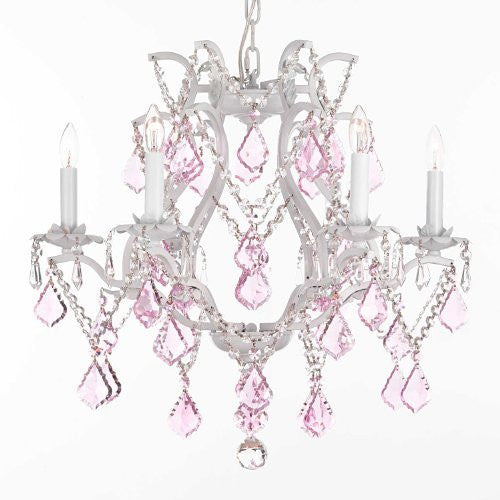 White Wrought Iron Crystal Chandelier Lighting With Pink Crystals H 19" W 20" - A83-Pinkb20/White/3530/6