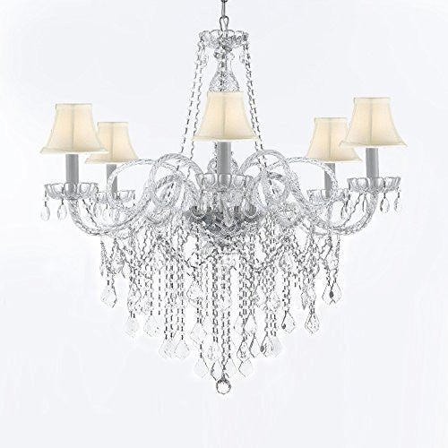 Murano Venetian Style All-Crystal Chandelier With White Shades H38" X W32" - G46-Sc/Whiteshades/B12/B67/385/6