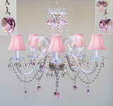 Swarovski Crystal Trimmed Chandelier Chandelier Lighting W/ Crystal Pink Shades & Hearts H25" X W24" - Perfect For Kid'S And Girls Bedroom - Go-A46-Pinkshades/387/5/Pinkhearts Sw