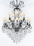 Swarovski Crystal Trimmed Wrought Iron Crystal Chandelier Lighting W38" H60" - Good for Entryway, Foyer, Living Room, Ballrooms, Catering Halls, Event Halls! w/ White Shades - F83-WHITESHADES/B12/556/16SW