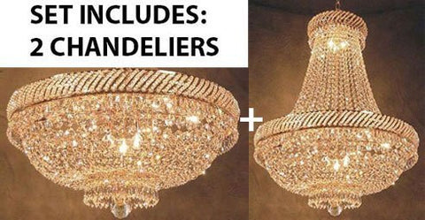 Set Of 2 - Swarovski Crystal Trimmed Chandelier French Empire Crystal Chandelier Lighting H26" X W23" + French Empire Crystal Flush Basket Chandelier W/Swarovski Crystal H 16" W 23" - 1Ea-Cg/448/9Sw+1Ea-Flush/Cg/448/9Sw