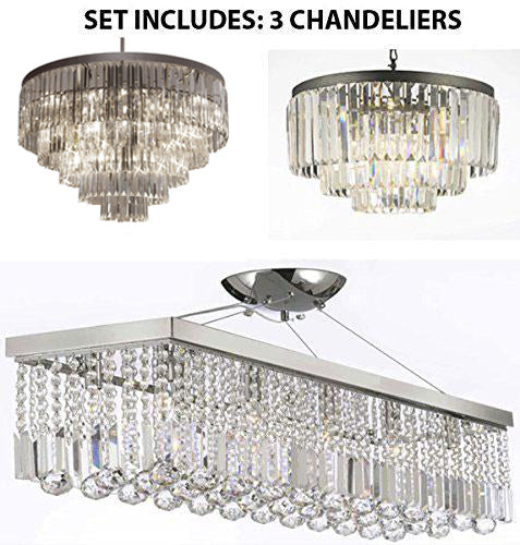 Set Of 3- 1 Palladium Empress Crystal (Tm) Glass Fringe Chandelier And 1 Palladium Crystal Glass Fringe 3-Tier Chandelier And 1 Contemporary Crystal Rectangular Chandeliers Lighting - 1Ea 1157/17 + 1Ea 1100 + 1Ea 1120/10