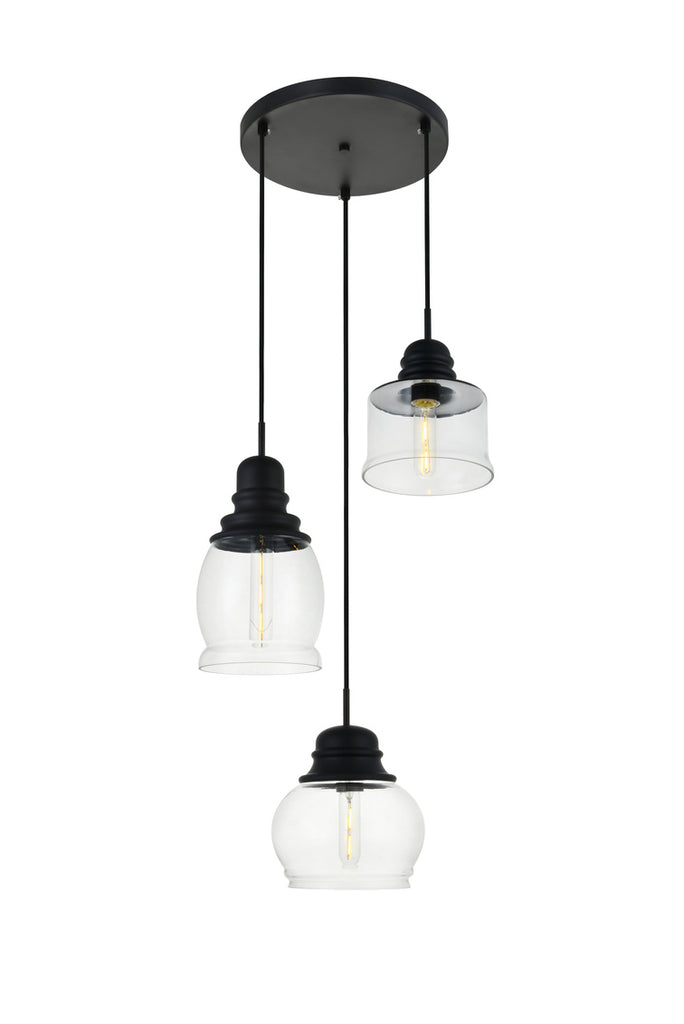 ZC121-LD2239BK - Living District: Kenna 3 Lights Black Pendant With Clear Glass