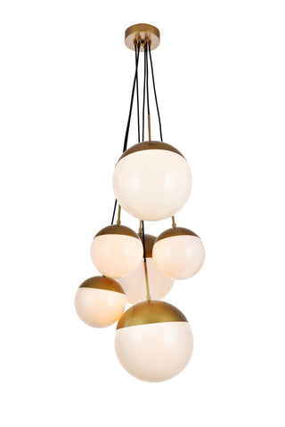 ZC121-LD6096BR - Living District: Eclipse 6 Lights Brass Pendant With Frosted White Glass