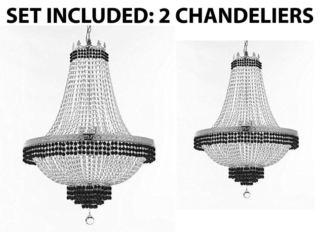 Set of 2 - French Empire Crystal Chandelier Lighting Trimmed w/Jet Black Crystal! H36" X W30" and 1 French Empire Crystal Chandelier Trimmed with Jet Black Crystal! H30" X W24" - B79/CS/870/14 + B79/CS/870/9