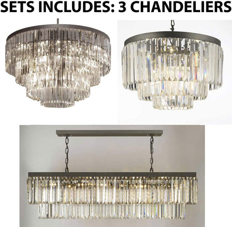 Set of 3 - 1 Palladium Empress Crystal (tm) Glass Fringe Chandelier Lighting & 1 Retro Palladium Glass Fringe Rectangular Chandelier Lighting 47" Wide & 1 Palladium Crystal Glass Fringe 3-tier Chandelier - 1 EA 1157/17 + 1 EA 1157/10 + 1 EA 1100