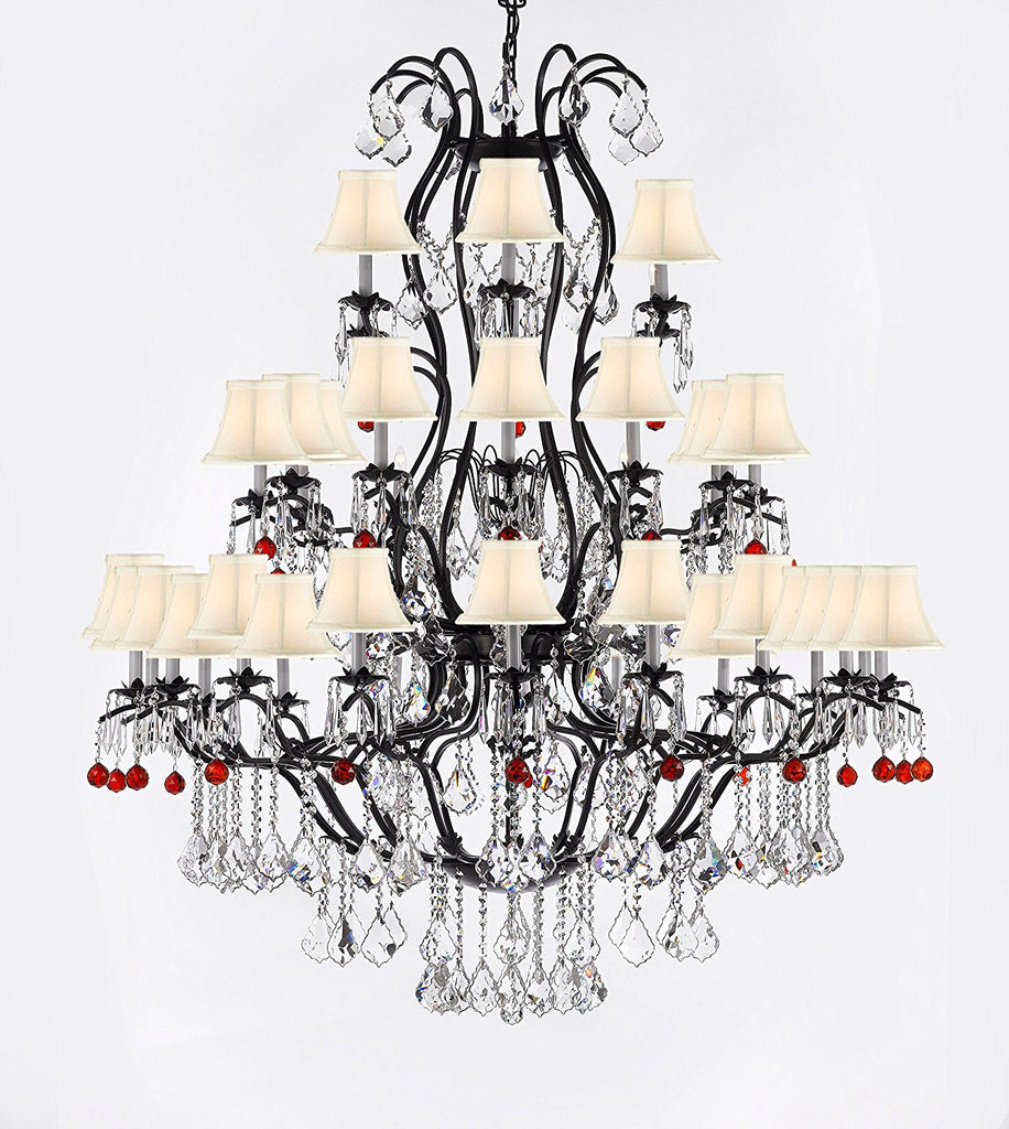 Large Wrought Iron Chandelier Chandeliers Lighting With Ruby Red Crystal Balls H60" x W52" - Great for the Entryway, Foyer, Family Room, Living Room w/White Shades - A83-B96/WHITESHADES/3031/36