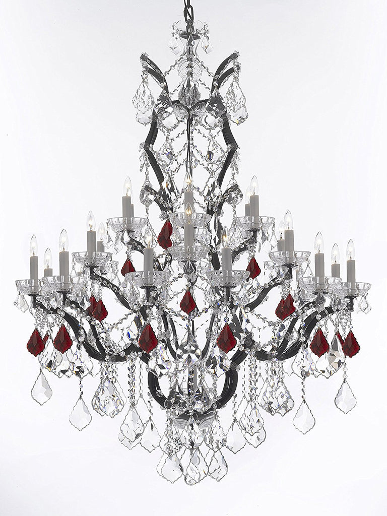 19th C. Baroque Iron & Crystal Chandelier Lighting Dressed w/Ruby Red Crystals H 52" x W 41" - Great for the Dining Room, Foyer, Entry Way, Living Room - G83-B98/996/25