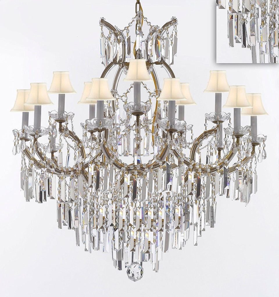 Maria Theresa Chandelier Crystal Lighting Chandeliers w/Optical Quality Fringe Prisms! Great for the Dining Room, Foyer, Entry Way, Living Room! H38" X W37" w/White Shades - A500-B8/WHITESHADES/21510/15+1
