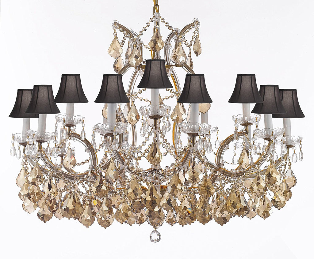 Maria Theresa Chandelier Crystal Lighting H28" X W37" W/ Golden Teak Crystal Good For Dining Room Entryway Living Room W/Black Shades - A83-B2/B62Goldenteak/Cg21510/15+1Blkshd